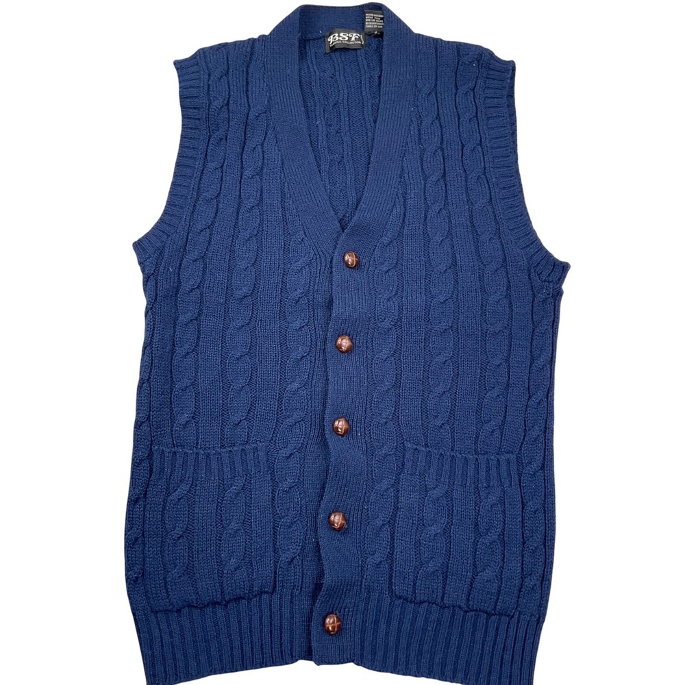 BST Classic Vest Mens Medium Blue Cable Knit‎ Button Academic Grandpa Vintage